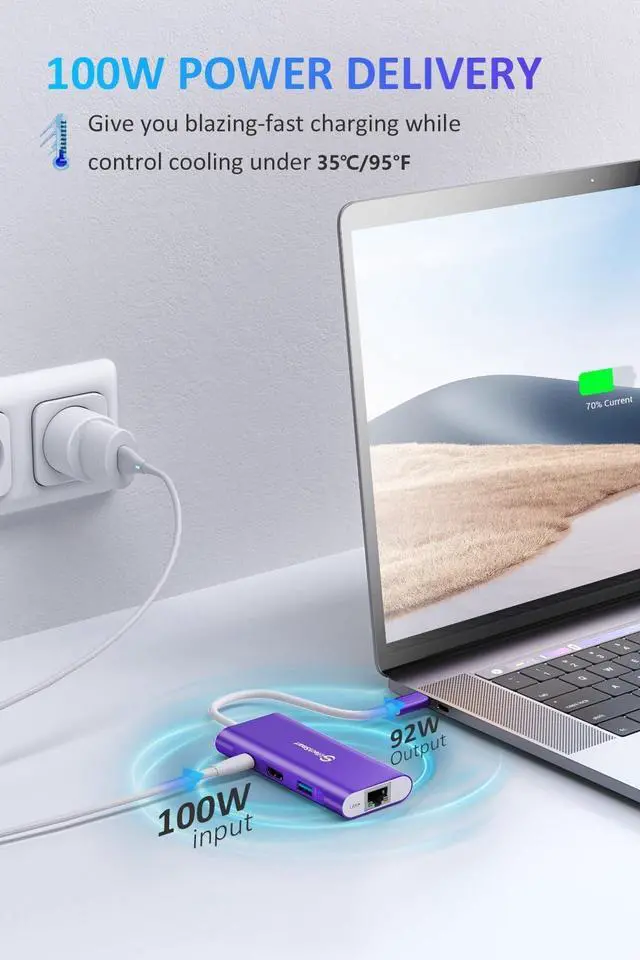 Alt view image 6 of 6 - UtechSmart USB C Hub, Ethernet Multiport Adapter 6 in 1 USB C to HDMI Dock Compatible for MacBook Pro/Air, Chromebook, Dell XPS, HP and Type C Devices Dark Purple