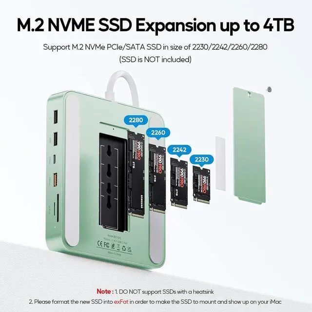 Alt view image 3 of 7 - Upgraded 11 in 1 USB C Hub for iMac 24 inch USB Hub 2021 2023 2024 Support M.2 SSD (NOT Included), iMac Hub M1 M3 M4 Accessories, 4K HDMI, 2.5G Ethernet, 5 USB A/C Max 10Gbps, SD/TF - Green