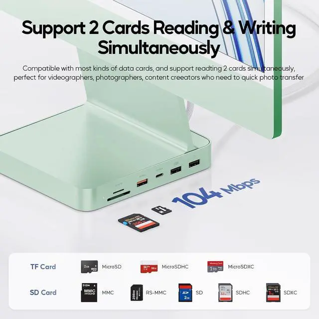 Alt view image 7 of 7 - Upgraded 11 in 1 USB C Hub for iMac 24 inch USB Hub 2021 2023 2024 Support M.2 SSD (NOT Included), iMac Hub M1 M3 M4 Accessories, 4K HDMI, 2.5G Ethernet, 5 USB A/C Max 10Gbps, SD/TF - Green