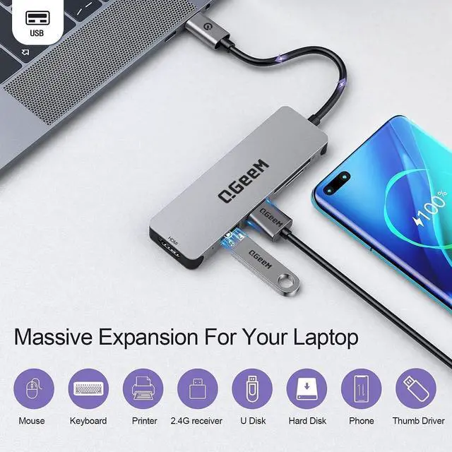 Alt view image 2 of 6 - USB C Hub HDMI Adapter, QGeeM 5 in 1 USB Type C Thunderbolt 3 Hub with 4k HDMI,USB 3.0,SD/TF Card Readers Compatible with MacBook Pro 2020, Surface Pro,Chromebook,Pixelbook,Dell,HP