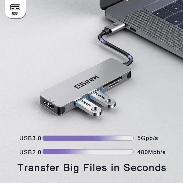 Alt view image 3 of 6 - USB C Hub HDMI Adapter, QGeeM 5 in 1 USB Type C Thunderbolt 3 Hub with 4k HDMI,USB 3.0,SD/TF Card Readers Compatible with MacBook Pro 2020, Surface Pro,Chromebook,Pixelbook,Dell,HP