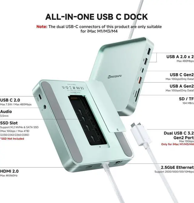 Alt view image 2 of 7 - Minisopuru iExpandMate DS802PRO iMac Accessories with 4K@60Hz HDMI, USB C Charging, 2.5GbE, 4TB M.2 SSD Enclosure, USB C Hub for iMac 24 inch M1/M3/M4, iMac Hub with 4xUSB, SD/TF, Audio | Green