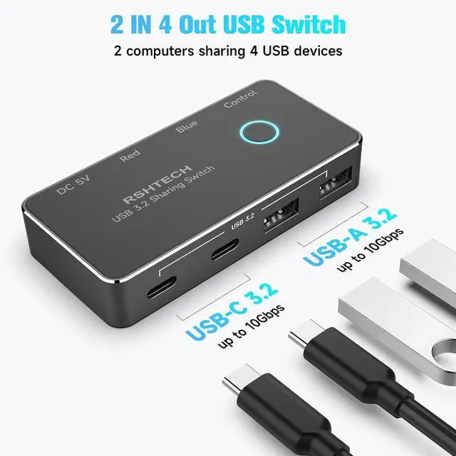 Alt view image 2 of 7 - RSHTECH USB 3.2/USB C Switch 10Gbps 2 Computers Share 4 USB 3.2 Ports(2 USB-A+2 USB-C), USB Switcher Selector with 2 Cables and Controller for PC Laptop Keyboard Mouse