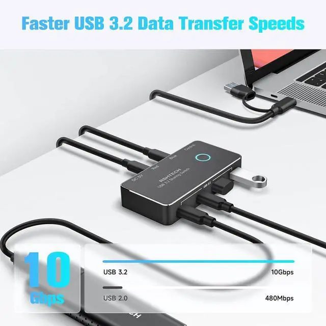 Alt view image 3 of 7 - RSHTECH USB 3.2/USB C Switch 10Gbps 2 Computers Share 4 USB 3.2 Ports(2 USB-A+2 USB-C), USB Switcher Selector with 2 Cables and Controller for PC Laptop Keyboard Mouse