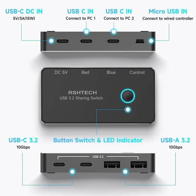 Alt view image 7 of 7 - RSHTECH USB 3.2/USB C Switch 10Gbps 2 Computers Share 4 USB 3.2 Ports(2 USB-A+2 USB-C), USB Switcher Selector with 2 Cables and Controller for PC Laptop Keyboard Mouse