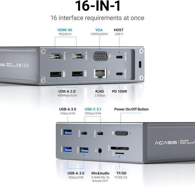 Alt view image 2 of 7 - ACASIS USB C Docking Station Dual Monitor,16-in-1 Laptpop Docking Station with 2* HDMI+VGA+2.5G Ethernet SD/TF10Gbps USB-C 3.1,3.5mm Audio,PD100W,USBC Hub for MacBook/Dell/Lenovo/HP/ThinkPad (Sliver)