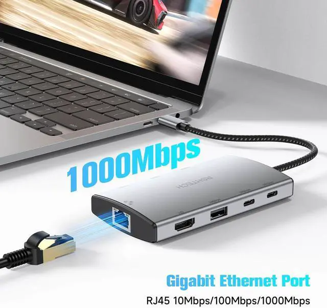 Alt view image 6 of 7 - RSHTECH 9-in-1 USB C Hub Multiport Adapter with 4K HDMI, 10Gbps USB-3.2 Ports(2C + 1A), 3 USB-3.0 5Gbps Data Ports, 100W PD, Gigabit Ethernet, Aluminum USB-C Dongle for MacBook, Laptops and More