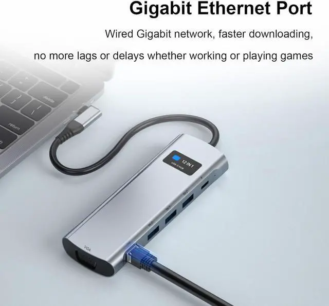 Alt view image 3 of 7 - Wisoqu USB C Hub, 12 in 1 Multiport Adapter, USB C/M to HDMI, VGA, RJ45, USBA A and USB C PD with SD Card Reader, 3.5mm Audio, Laptop Docking Station, Full Functional USB C Dongle