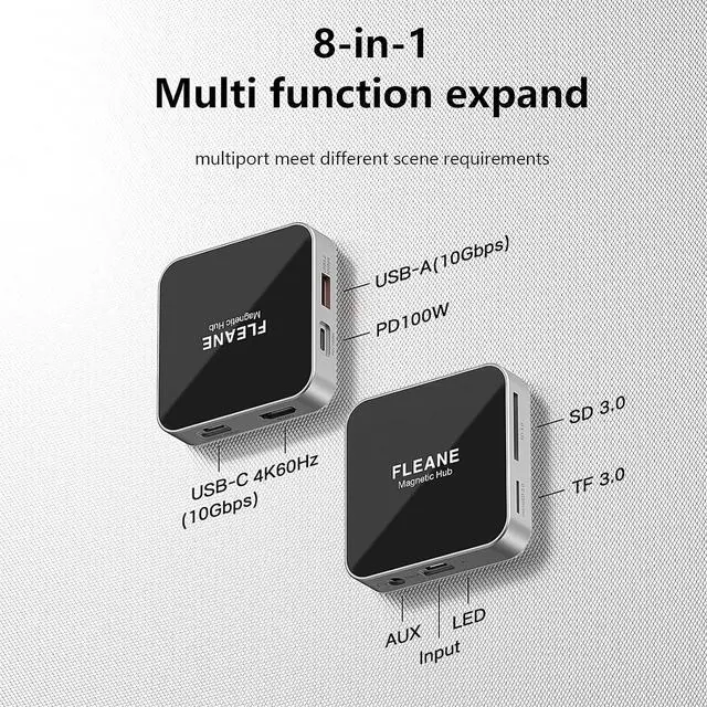 Alt view image 4 of 7 - Magnetic Tpye-C Hub USB C Docking Station 8 in 1, PD100W/ USB3.2 10Gbps/ SD/TF/HD 4K@60Hz/ 3.5mm Audio for iPhone 15 16 Pro Max Plus MacBook Air Pro and Other Type-C Devices