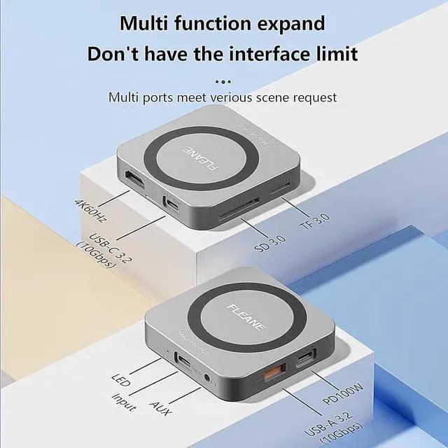 Alt view image 4 of 7 - Magnetic USB C Hub 8 in 1 & Type-C Docking Station M.2 NVMe 2230 SSD Enclosure, 4K@60Hz HDMI 10Gbps USB-A/USB-C 3.2 SD/TF 3.0 Card Solt AUX 100W PD for iPhone 15 16 MacBook Pro Air Laptop