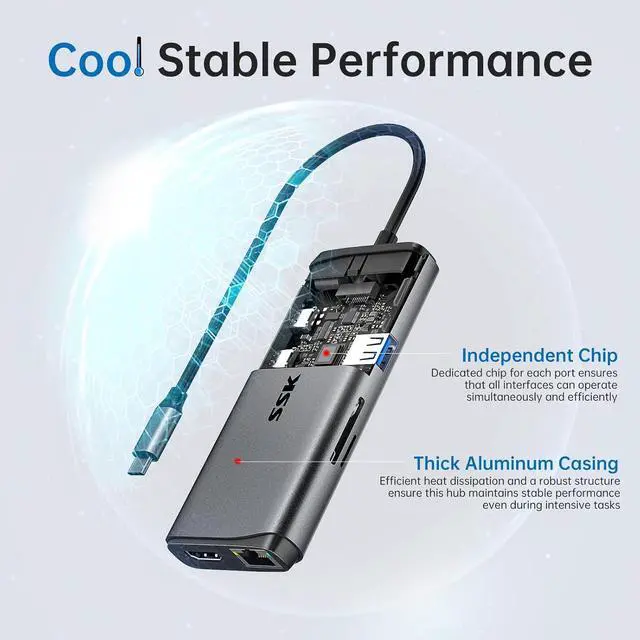 Alt view image 6 of 7 - SSK USB C Hub for Laptop, 10Gbps USB-C Dock with Ethernet, HDMI 4K 60Hz, 10 in 1 MacBook Docking Station Multiport Adapter for Laptops/Devices with HDMI, USB3.2, SD/TF, 100W PD, 3.5 mm Headphone