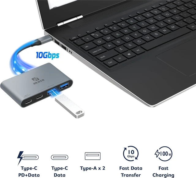 Alt view image 3 of 6 - Akasa USB C Hub Typ C, Aluminium 4 in 1 USB C 100 W PD mit 10 Gbps High Speed Transfer, 2 x USB-A Data Ports, 1 x USB 3.0 PD und 1 x USB Ports, unterstützt Macbook, iPad, PC and More, AK-CBCA31-18BK