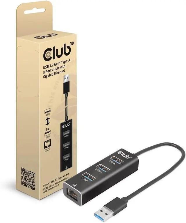 Main image of Club 3D CSV-1430A USB 3.2 Gen1 Type-A, 3 Ports Hub with Gigabit Ethernet