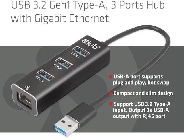 Alt view image 2 of 6 - Club 3D CSV-1430A USB 3.2 Gen1 Type-A, 3 Ports Hub with Gigabit Ethernet