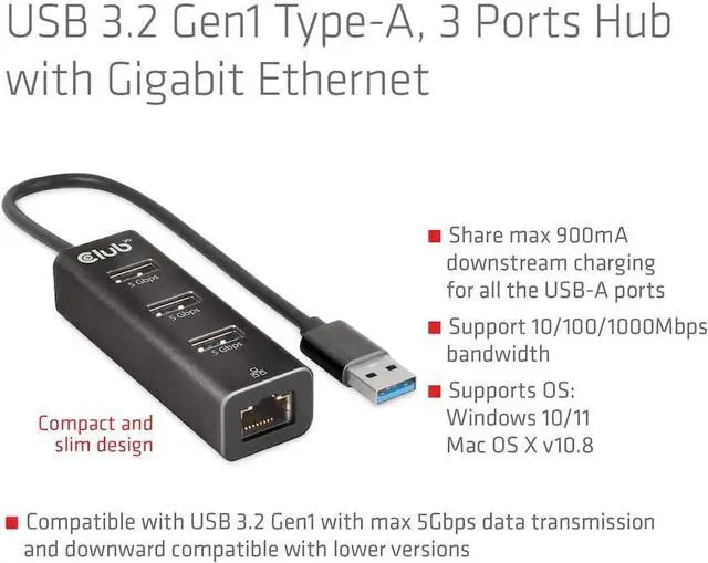 Alt view image 3 of 6 - Club 3D CSV-1430A USB 3.2 Gen1 Type-A, 3 Ports Hub with Gigabit Ethernet