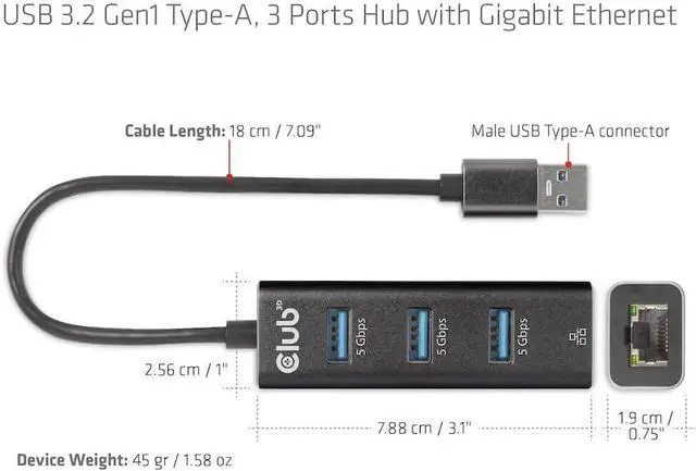 Alt view image 4 of 6 - Club 3D CSV-1430A USB 3.2 Gen1 Type-A, 3 Ports Hub with Gigabit Ethernet