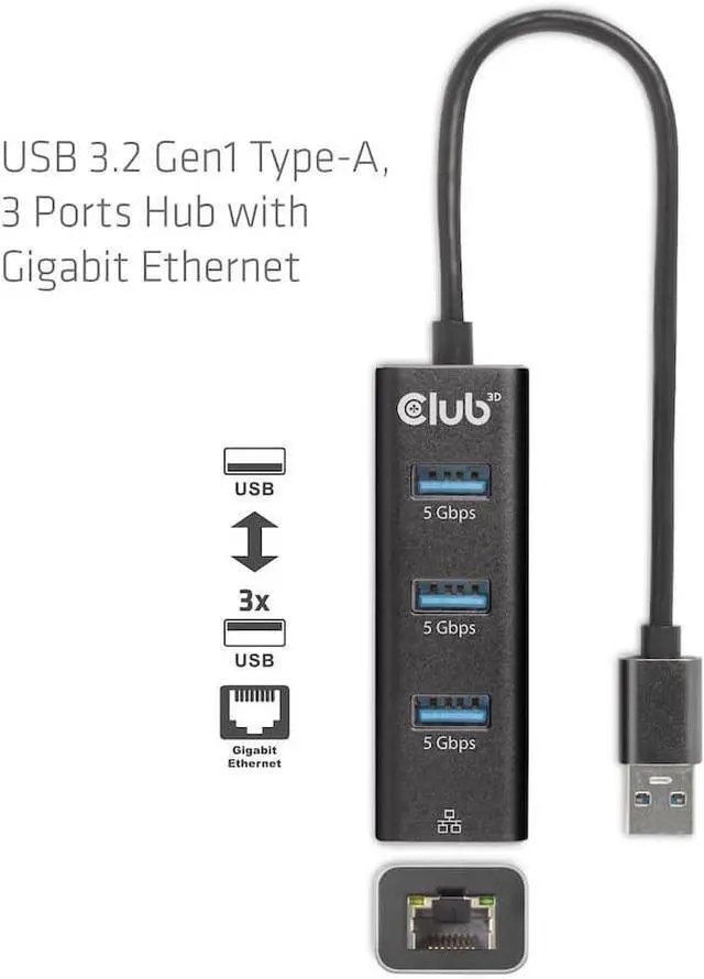 Alt view image 6 of 6 - Club 3D CSV-1430A USB 3.2 Gen1 Type-A, 3 Ports Hub with Gigabit Ethernet