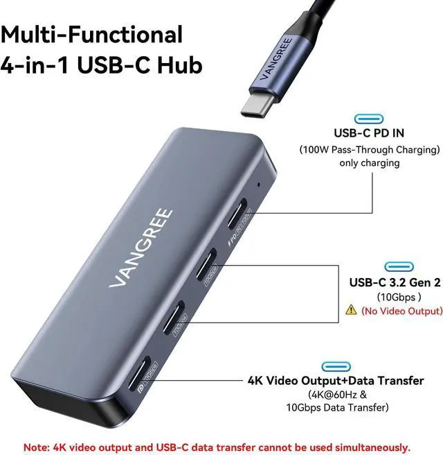 Alt view image 2 of 7 - 4-Port USB C Hub with 4K@60Hz Displayport 3 USBC 3.2 10Gbps Ports 100W Power Delivery Detachable Cable USB C Splitter Multiport Adapter for MacBook Pro/Air iPad iPhone 15 Portable Monitor