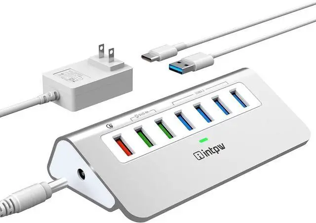 Main image of Powered USB 3.2 Hub 10Gbps,7 Port USB Data Hub USB Splitter with 4 USB 3.2 Gen2 Data Ports,3 Fast Charging Ports,30W Power Adapter,Type A & C Cable, Aluminum Powered USB C Hub for Computer,PC,Laptop