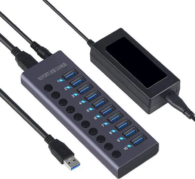 Alt view image 6 of 7 - 10 Port 60W USB 3.0 Hub with Individual Power Switches LEDs Aluminum Alloy Shell USB 3.0 Docking Station Includes 60W 12V 5A Power Adapter Compatible with iOS and Linux
