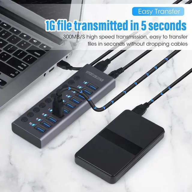 Alt view image 3 of 7 - 10 Port 60W USB 3.0 Hub, 10 USB 3.0 Interfaces, 5Gbps Data Transfer, LED Indicator Light, Plug and Play, for for iOS (US Plug)