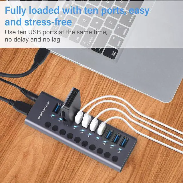 Alt view image 5 of 7 - 10 Port 60W Powered USB Hub, USB 3.0 Port Hub with Individual Power Switches, LEDs Aluminum Alloy Shell USB 3.0 Docking Station 60W 12V 5A Power Adapter 100240V (US Plug 110240V)