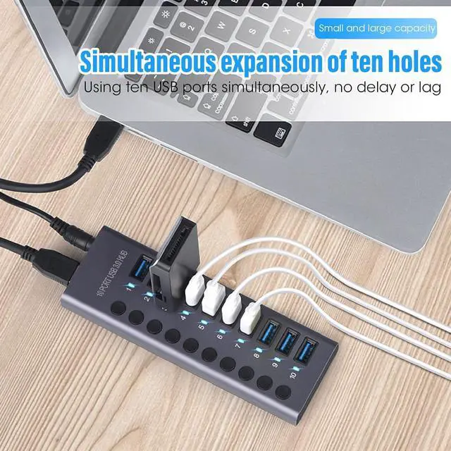 Alt view image 5 of 7 - 10 Port 60W USB 3.0 Hub, 10 USB 3.0 Interfaces, 5Gbps Data Transfer, LED Indicator Light, Plug and Play, for for iOS (US Plug)