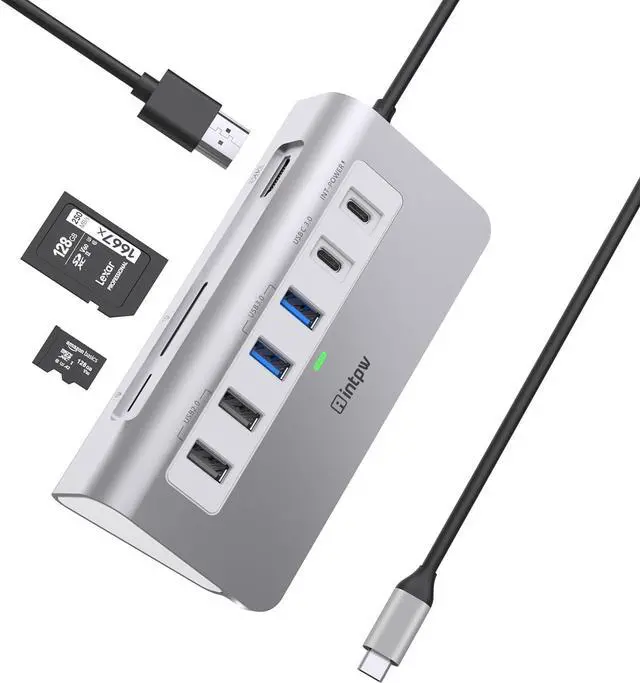 Main image of USB C Hub, intpw 9-in-1 USB Hub for Laptop with 4K HDMI, PD 100W, USB-C and 2 USB A 3.0 5Gbps, 2 USB A 2.0, SD/TF Card Reader, Aluminum USB Hub for PC, iPhone, MacBook, iPad