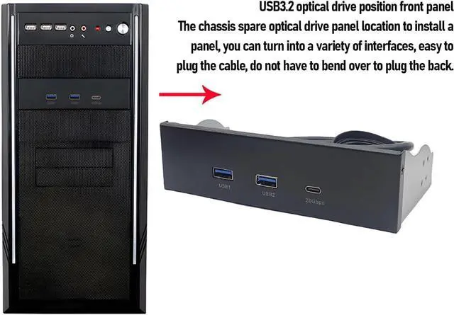 Alt view image 4 of 7 - USB Front Panel Hub, GEN2x2 USB A Type C 3 Ports 5.25 Inch Front Panel USB Hub, Optical Drive Extension Panel Replacement for PC Computer