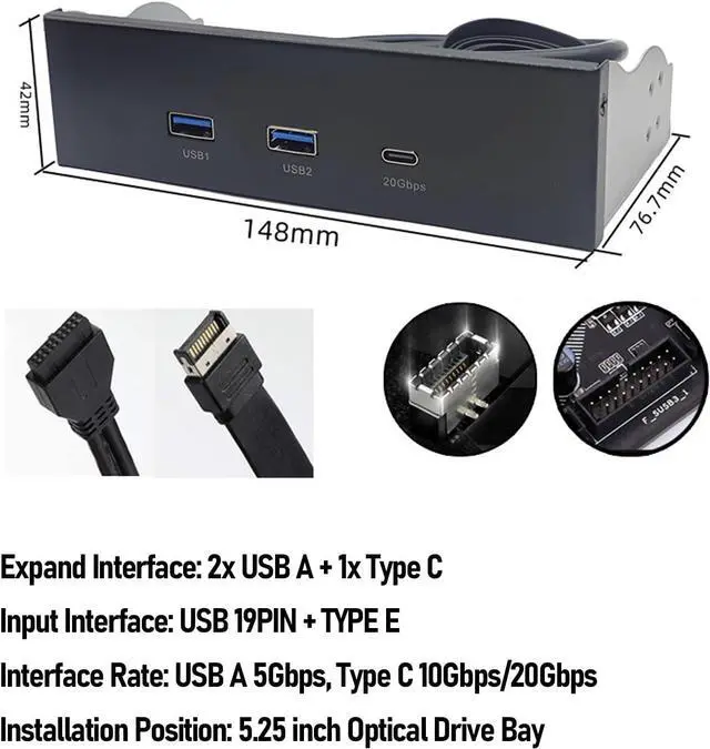 Alt view image 2 of 7 - USB Front Panel Hub, GEN2x2 USB A Type C 3 Ports 5.25 Inch Front Panel USB Hub, Optical Drive Extension Panel Replacement for PC Computer