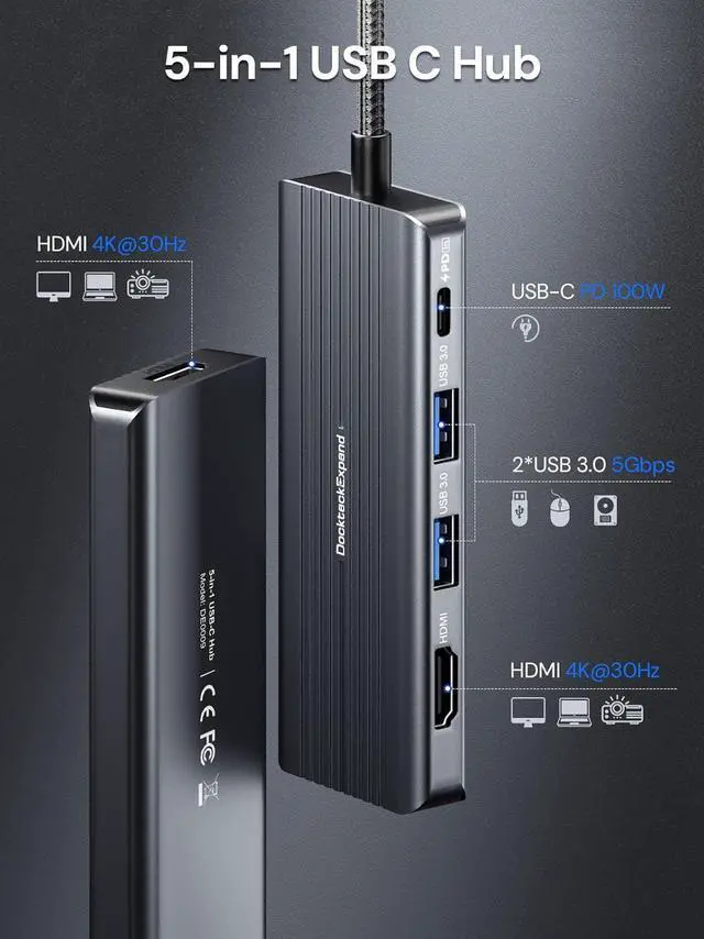 Alt view image 2 of 7 - USB C to HDMI, Dual Monitor Adapter, DockteckExpand 5 in 1 Hub with 2 HDMI 4K, 2 USB 3.0, PD 100W Charging, USB C to MultiPort Adapter for Dell, HP, MacBook and Type C Devices