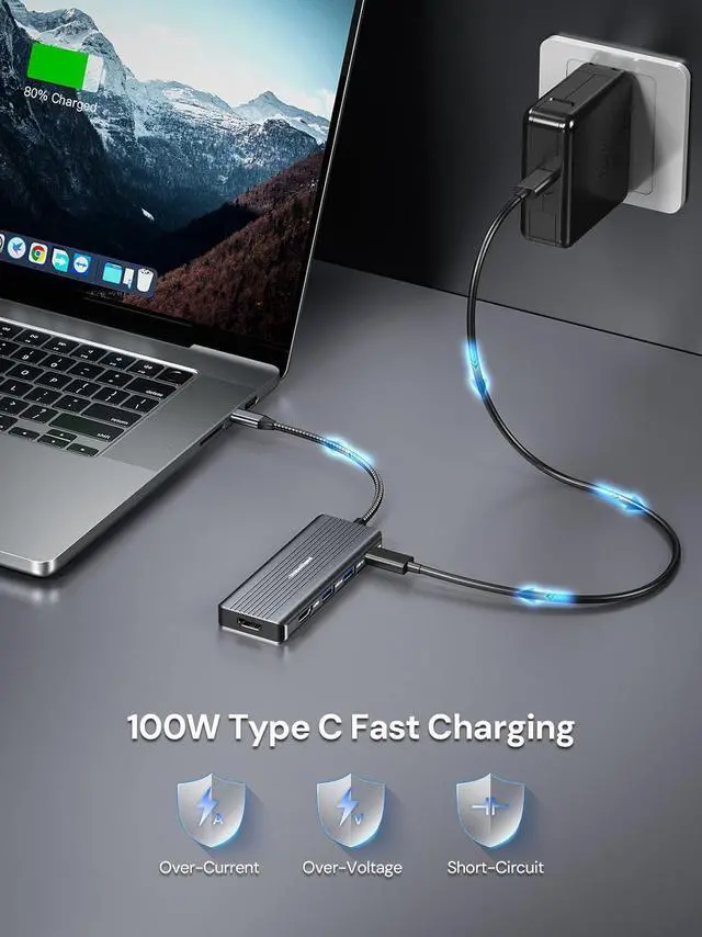 Alt view image 6 of 7 - USB C to HDMI, Dual Monitor Adapter, DockteckExpand 5 in 1 Hub with 2 HDMI 4K, 2 USB 3.0, PD 100W Charging, USB C to MultiPort Adapter for Dell, HP, MacBook and Type C Devices