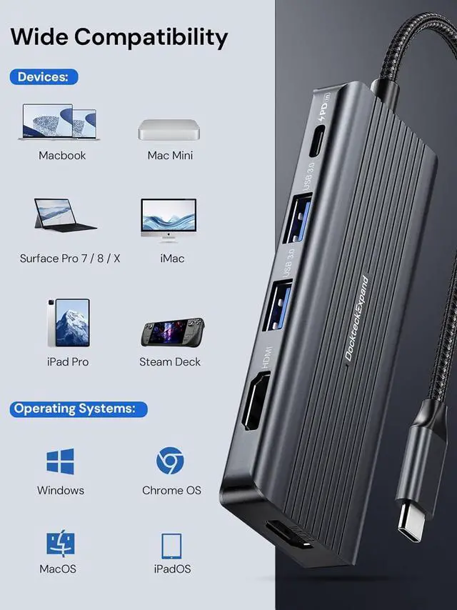 Alt view image 7 of 7 - USB C to HDMI, Dual Monitor Adapter, DockteckExpand 5 in 1 Hub with 2 HDMI 4K, 2 USB 3.0, PD 100W Charging, USB C to MultiPort Adapter for Dell, HP, MacBook and Type C Devices