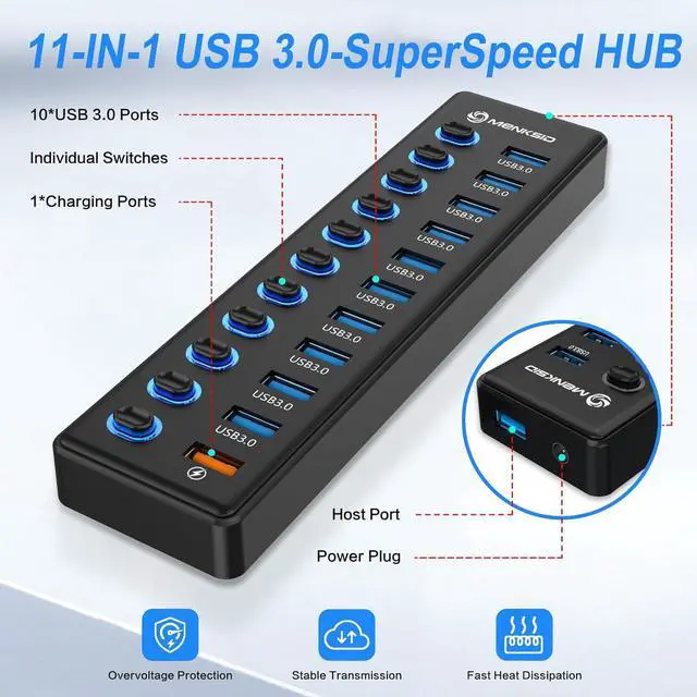 Alt view image 2 of 7 - Powered USB Hub, MENKSID 11-Port USB Hub, 10 USB 3.0 Data Transfer Ports + 1 Smart Charging Port, Independent Switch (with LED Power Indicator), USB 3.0 Hub Powered with Power Adapter for Mac, PC