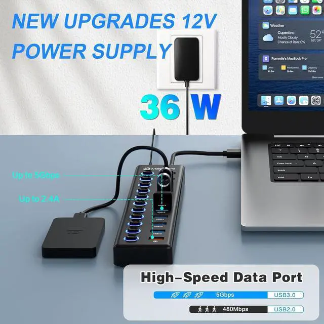 Alt view image 3 of 7 - Powered USB Hub, MENKSID 11-Port USB Hub, 10 USB 3.0 Data Transfer Ports + 1 Smart Charging Port, Independent Switch (with LED Power Indicator), USB 3.0 Hub Powered with Power Adapter for Mac, PC
