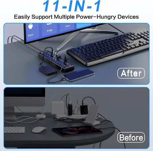 Alt view image 6 of 7 - Powered USB Hub, MENKSID 11-Port USB Hub, 10 USB 3.0 Data Transfer Ports + 1 Smart Charging Port, Independent Switch (with LED Power Indicator), USB 3.0 Hub Powered with Power Adapter for Mac, PC
