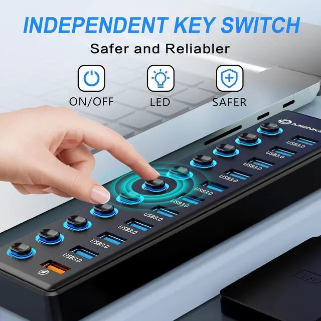 Alt view image 5 of 7 - Powered USB Hub, MENKSID 11-Port USB Hub, 10 USB 3.0 Data Transfer Ports + 1 Smart Charging Port, Independent Switch (with LED Power Indicator), USB 3.0 Hub Powered with Power Adapter for Mac, PC