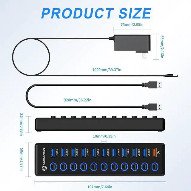Alt view image 7 of 7 - Powered USB Hub, MENKSID 11-Port USB Hub, 10 USB 3.0 Data Transfer Ports + 1 Smart Charging Port, Independent Switch (with LED Power Indicator), USB 3.0 Hub Powered with Power Adapter for Mac, PC