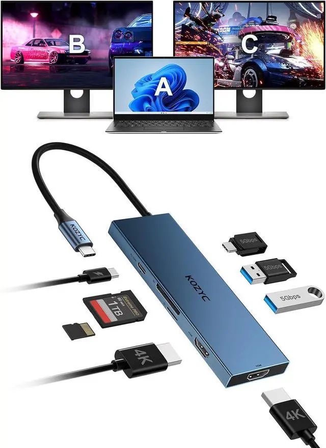 Main image of USB C Docking Station Dual Monitor, KOZYC 8-in-1 USB C Hub with 2 HDMI Ports, USB-C 3.0, 2xUSB-A 3.0, SD/TF, 100W PD, Support HDMI Splitter Extended Display 2 Monitors Compatible with HP, Dell