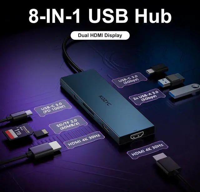 Alt view image 2 of 7 - USB C Docking Station Dual Monitor, KOZYC 8-in-1 USB C Hub with 2 HDMI Ports, USB-C 3.0, 2xUSB-A 3.0, SD/TF, 100W PD, Support HDMI Splitter Extended Display 2 Monitors Compatible with HP, Dell