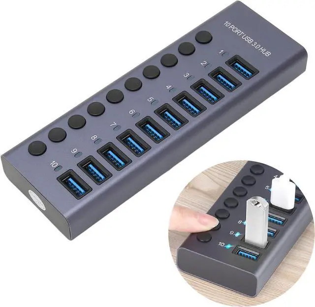 Main image of Powered USB Hub, 10 Port 60W USB 3.0 Data Hub Charging Port with Individual Power Switches, LED USB Data Hub Splitter 12V 5A Power Adapter Docking Station for Laptop PC (US Plug)