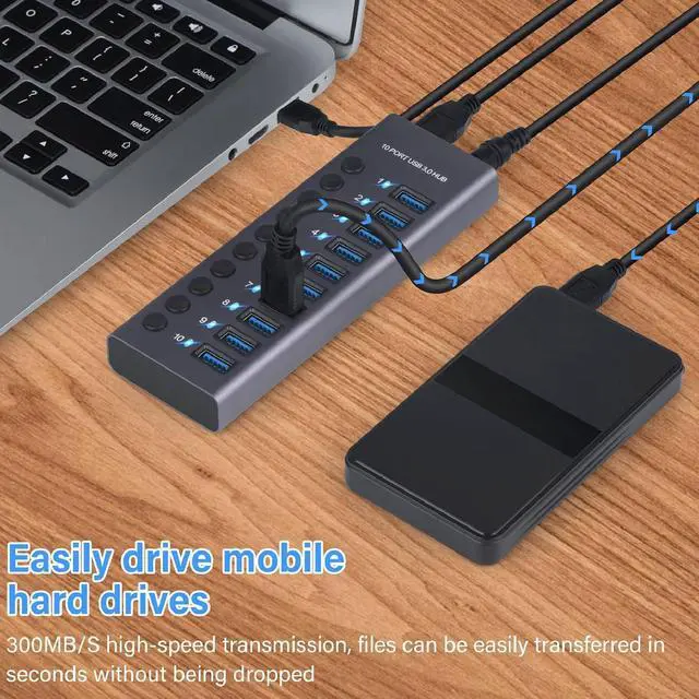 Alt view image 4 of 7 - 10 Port 60W Powered USB Hub, USB 3.0 Port Hub with Individual Power Switches, LEDs Aluminum Alloy Shell USB 3.0 Docking Station 60W 12V 5A Power Adapter 100240V (US Plug 110240V)