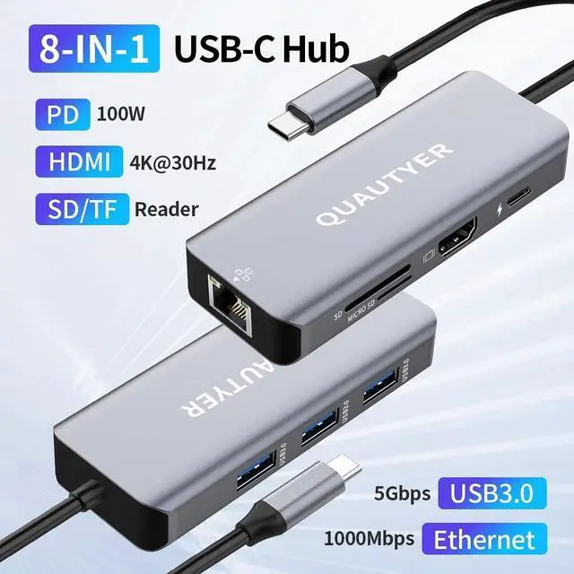 Alt view image 3 of 7 - USB C Docking Station MAC Adapter Multiport usb c to ethernet adapter USBC Multiport 8 in 1 usb c hub with ethernet 1000M 4K HDMI 100W PD Charging USB 3.0 SD/TF Card Reader usbc hub for macbook pro HP