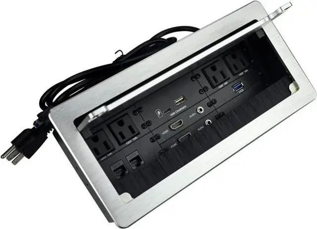 Main image of Connectivity Box with 4 AC Power+2 HDMI+2 Audio +2 LAN+1 USB-A Charger +1 USB-C Charger +1 USB3.0 Data with 5.58ft Power Cord for Conference Room (Silver)