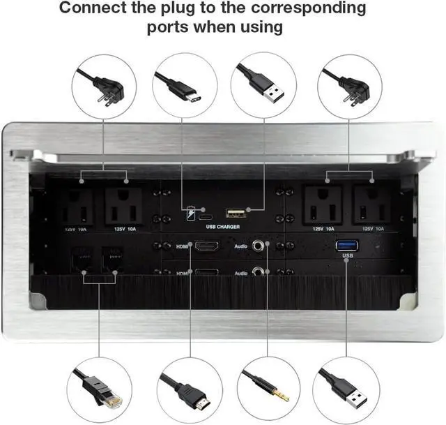 Alt view image 2 of 6 - Connectivity Box with 4 AC Power+2 HDMI+2 Audio +2 LAN+1 USB-A Charger +1 USB-C Charger +1 USB3.0 Data with 5.58ft Power Cord for Conference Room (Silver)