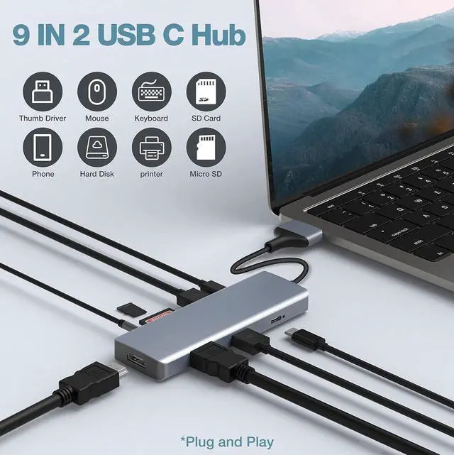 Alt view image 3 of 6 - 9 in 2 MacBook Air Adapter USB C Hub Triple Display for MacBook Pro Air Mac, MacBook Pro Docking Station 4K HDMI Dock with 100W PD,USB 3.0,SD/TF Card Reader,3.5mm Audio