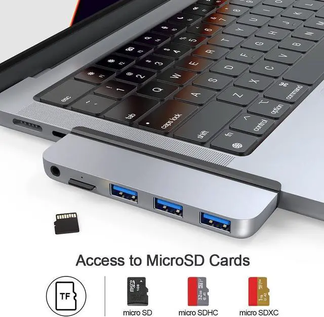 Alt view image 3 of 6 - Qwiizlab USB C Hub 5-in-1 Adapter, USB 3.0 Data Port, microSD Card Reader, 3.5mm Audio Port for 2024/23/22/21 14/16-inch MacBook Pro M4/M3/M2/M1 Pro/Max (Silver)