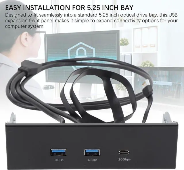 Alt view image 5 of 7 - USB Front Panel Hub, GEN2x2 USB A Type C 3 Ports 5.25 Inch Front Panel USB Hub, Optical Drive Extension Panel Replacement for PC Computer