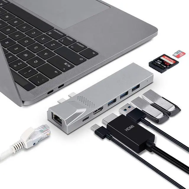 Main image of USB C Hub for MacBook, 8-in-1 Docking Station Adapter with 4K HDMI, Gigabit Ethernet, 3 USB 3.0 Ports, 100W PD, SD/MicroSD Card Reader, Thunderbolt 3, USB-C Ports, Compatibility with MacBook Pro/Air