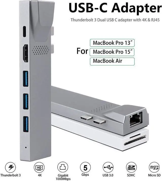Alt view image 4 of 6 - USB C Hub for MacBook, 8-in-1 Docking Station Adapter with 4K HDMI, Gigabit Ethernet, 3 USB 3.0 Ports, 100W PD, SD/MicroSD Card Reader, Thunderbolt 3, USB-C Ports, Compatibility with MacBook Pro/Air